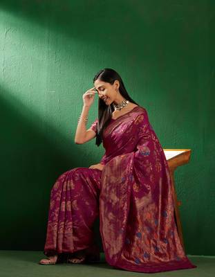 Burgundy Color Weaving Work Faux Banarasi Silk Saree With Blouse 2
