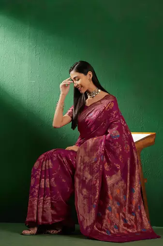 Burgundy Color Weaving Work Faux Banarasi Silk Saree With Blouse