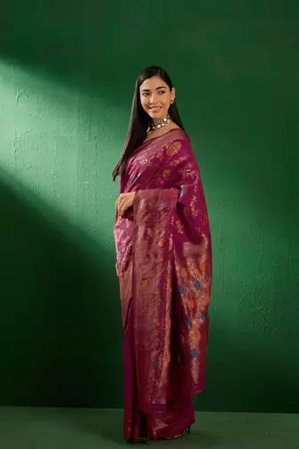 Burgundy Color Weaving Work Faux Banarasi Silk Saree With Blouse