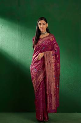 Burgundy Color Weaving Work Faux Banarasi Silk Saree With Blouse 4