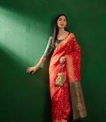 Red Color Weaving Work Faux Banarasi Silk Saree With Blouse