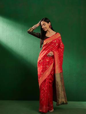 Red Color Weaving Work Faux Banarasi Silk Saree With Blouse 2