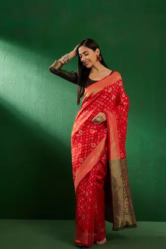 Red Color Weaving Work Faux Banarasi Silk Saree With Blouse