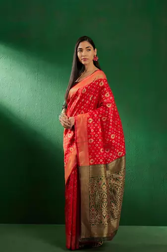 Red Color Weaving Work Faux Banarasi Silk Saree With Blouse