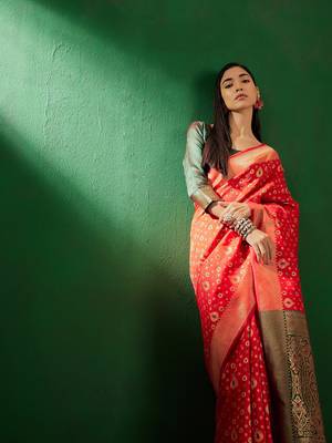 Red Color Weaving Work Faux Banarasi Silk Saree With Blouse 4