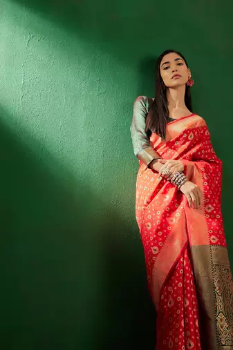 Red Color Weaving Work Faux Banarasi Silk Saree With Blouse