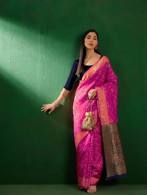 Pink Color Weaving Work Faux Banarasi Silk Saree With Blouse 2