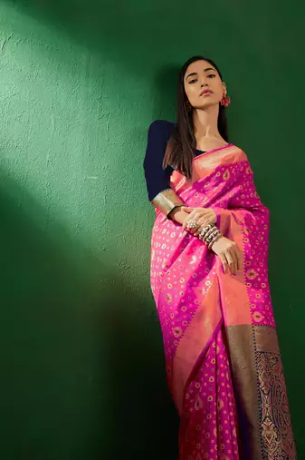 Pink Color Weaving Work Faux Banarasi Silk Saree With Blouse