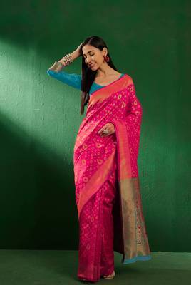Gajri Color Weaving Work Faux Banarasi Silk Saree With Blouse 3
