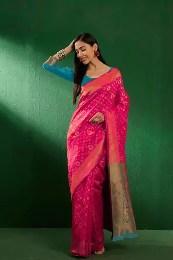 Gajri Color Weaving Work Faux Banarasi Silk Saree With Blouse