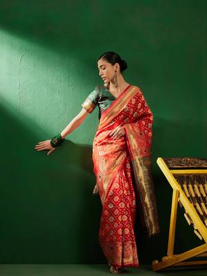 Red Color Weaving Work Faux Banarasi Silk Saree With Blouse 2