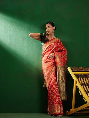 Red Color Weaving Work Faux Banarasi Silk Saree With Blouse 3