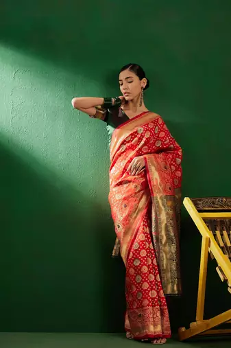 Red Color Weaving Work Faux Banarasi Silk Saree With Blouse