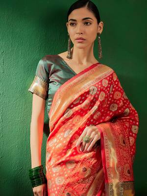 Red Color Weaving Work Faux Banarasi Silk Saree With Blouse 5
