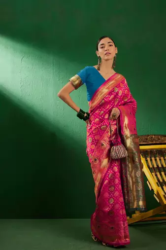 Gajri Color Weaving Work Faux Banarasi Silk Saree With Blouse