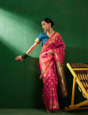 Gajri Color Weaving Work Faux Banarasi Silk Saree With Blouse 3