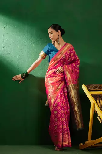 Gajri Color Weaving Work Faux Banarasi Silk Saree With Blouse