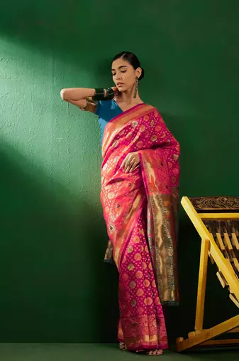 Gajri Color Weaving Work Faux Banarasi Silk Saree With Blouse