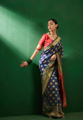 Navy Blue Color Weaving Work Faux Banarasi Silk Saree With Blouse 1