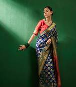 Navy Blue Color Weaving Work Faux Banarasi Silk Saree With Blouse