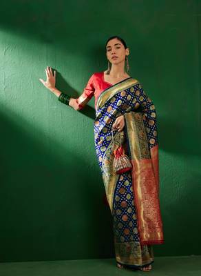 Navy Blue Color Weaving Work Faux Banarasi Silk Saree With Blouse 2
