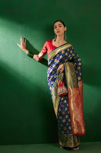 Navy Blue Color Weaving Work Faux Banarasi Silk Saree With Blouse