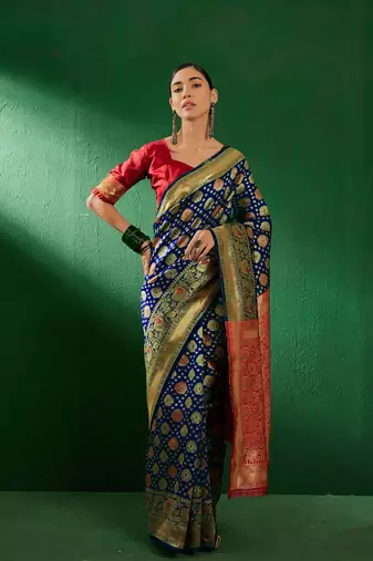 Navy Blue Color Weaving Work Faux Banarasi Silk Saree With Blouse