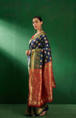 Navy Blue Color Weaving Work Faux Banarasi Silk Saree With Blouse 4