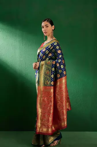 Navy Blue Color Weaving Work Faux Banarasi Silk Saree With Blouse