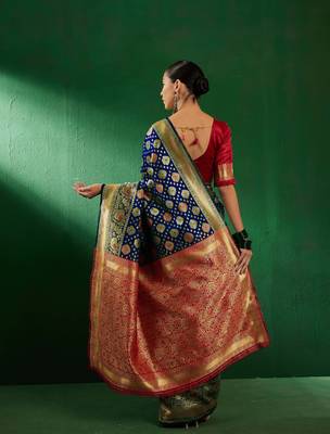 Navy Blue Color Weaving Work Faux Banarasi Silk Saree With Blouse 5