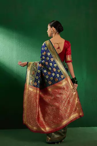 Navy Blue Color Weaving Work Faux Banarasi Silk Saree With Blouse