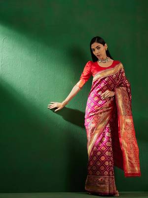 Burgundy Color Weaving Work Faux Banarasi Silk Saree With Blouse 1