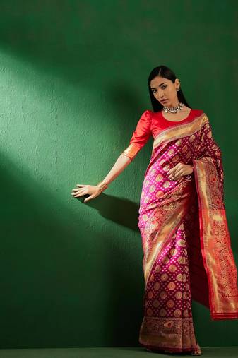 Burgundy Color Weaving Work Faux Banarasi Silk Saree With Blouse