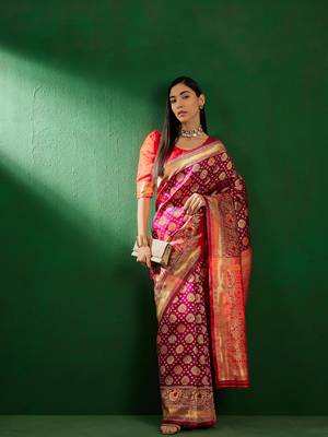 Burgundy Color Weaving Work Faux Banarasi Silk Saree With Blouse 2