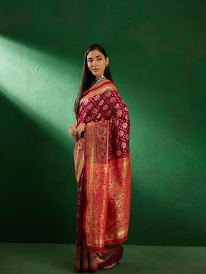 Burgundy Color Weaving Work Faux Banarasi Silk Saree With Blouse 3