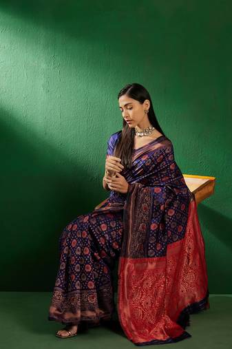 Navy Blue Color Weaving Work Faux Banarasi Silk Saree With Blouse