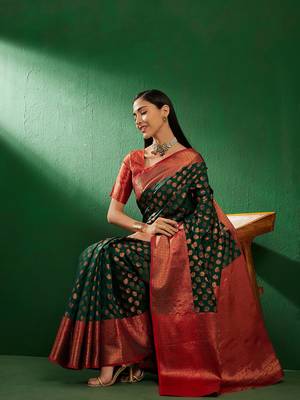Green Color Weaving Work Faux Banarasi Silk Saree With Blouse 1