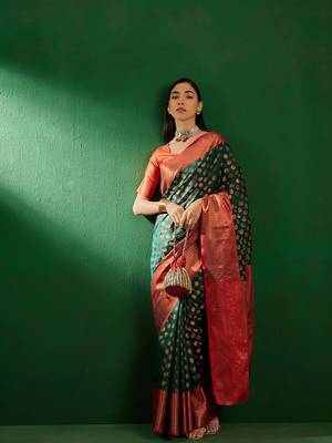 Green Color Weaving Work Faux Banarasi Silk Saree With Blouse 2