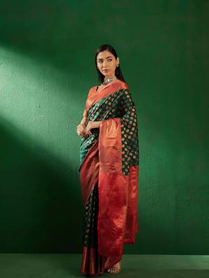 Green Color Weaving Work Faux Banarasi Silk Saree With Blouse 3