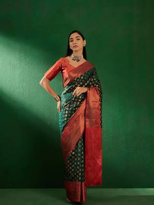 Green Color Weaving Work Faux Banarasi Silk Saree With Blouse 4