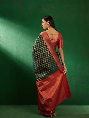 Green Color Weaving Work Faux Banarasi Silk Saree With Blouse 5