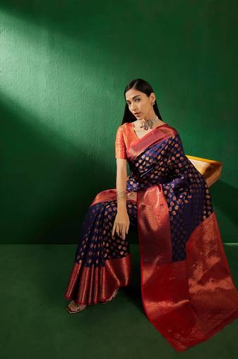 Navy Blue Color Weaving Work Faux Banarasi Silk Saree With Blouse