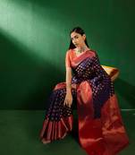 Navy Blue Color Weaving Work Faux Banarasi Silk Saree With Blouse