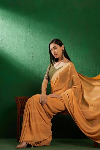 Mustard Color Embroidered Work Vichitra Silk Blend Saree With Blouse