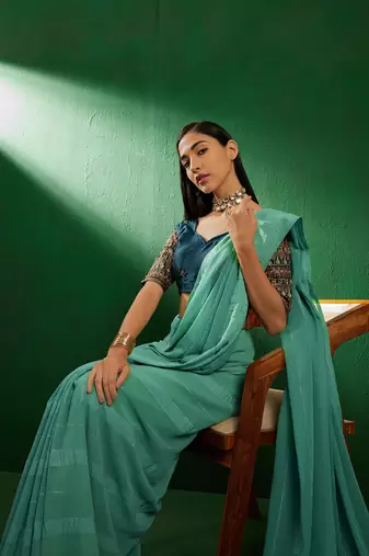 Teal Color Embroidered Work Vichitra Silk Blend Saree With Blouse