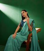 Teal Color Embroidered Work Vichitra Silk Blend Saree With Blouse