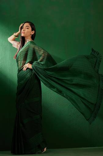Green Color Sequence Work Vichitra Silk Blend Saree With Blouse