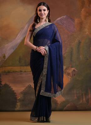 Blue Heavy Georgette Sequence Work Saree 1
