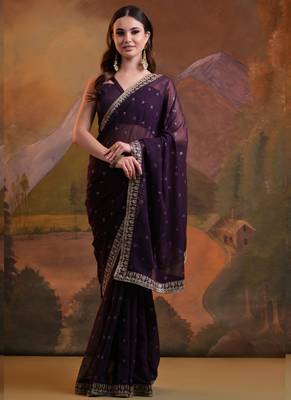 Wine Heavy Georgette Sequence Work Saree 1