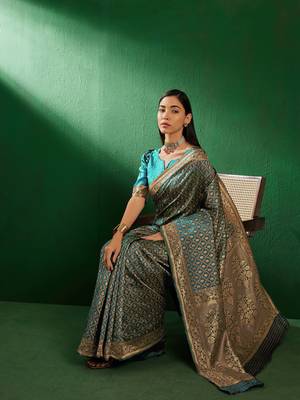 Sky Blue Color Weaving Work Faux Banarasi Silk Saree With Blouse 1